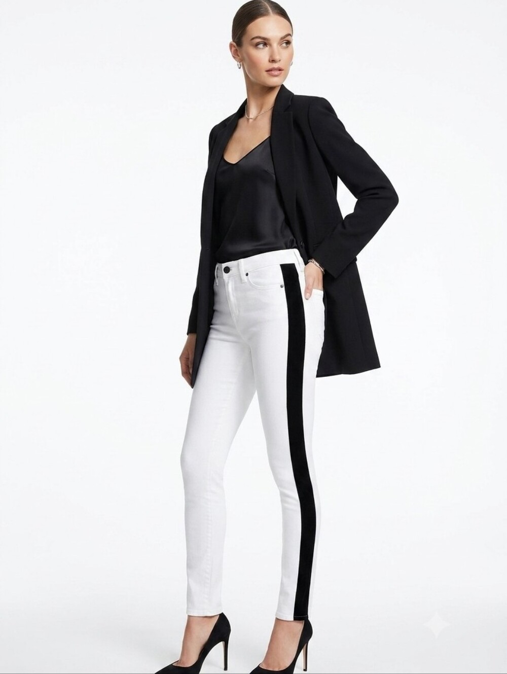 Alice + Olivia White Skinny Jeans with Black Side Panels
